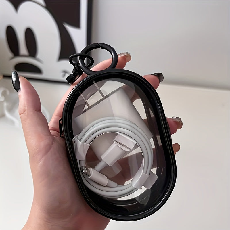 One Portable PVC Cable Storage Box, Casual Style Transparent Charger Storage Box for Headphones and Data Cables, Portable Cable Organizer with Keychain for Chargers, Can also be used to store headphones, cables, jewelry, etc.